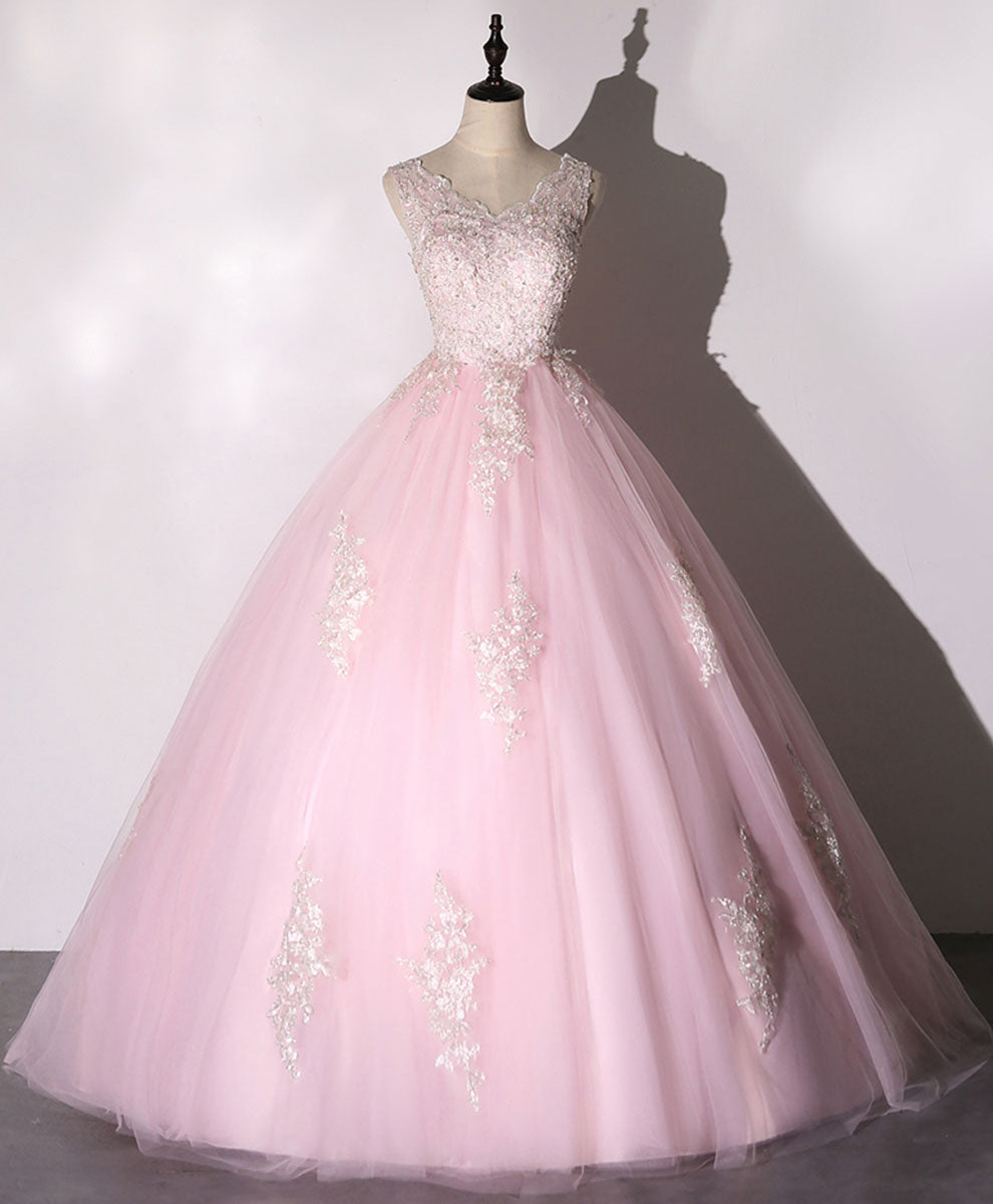 Ball Gown Blush Pink V-Neck Floor-Length Tulle Prom Dress with Lace Appliqué and Soft Glitter Accents