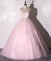Ball Gown Blush Pink V-Neck Floor-Length Tulle Prom Dress with Lace Appliqué and Soft Glitter Accents