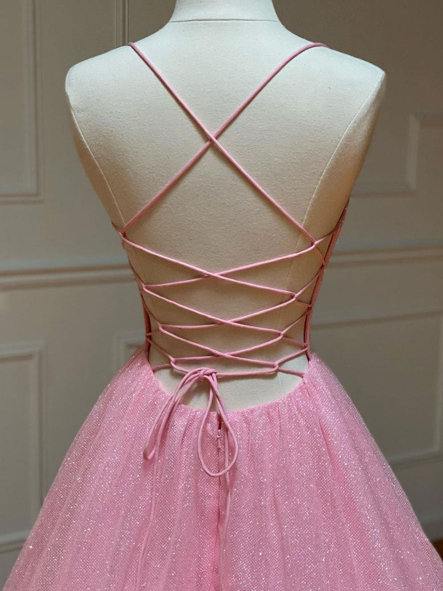 A-Line V-Neck Floor-Length Pink Tulle Sequin Prom Dress with Subtle Shimmer