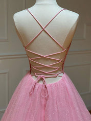 A-Line V-Neck Floor-Length Pink Tulle Sequin Prom Dress with Subtle Shimmer