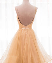 A-Line Champagne V-Neck Floor-Length Tulle Prom Dress with Layered Ruffle Skirt