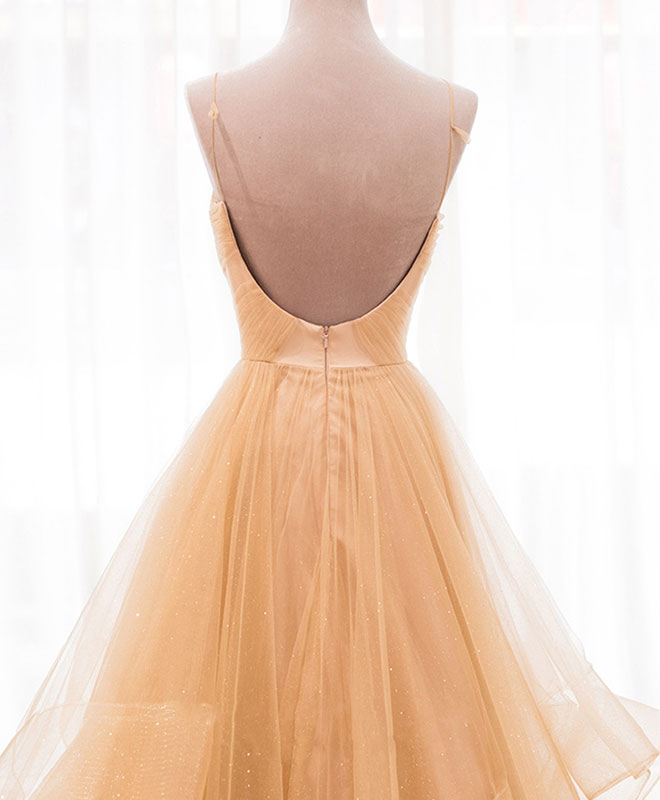 A-Line Champagne V-Neck Floor-Length Tulle Prom Dress with Layered Ruffle Skirt