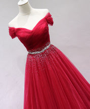 A-Line Sweetheart Floor-Length Tulle Beaded Sequin Red Prom Dress