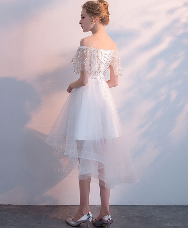 A-Line Off-the-Shoulder High-Low Ivory Tulle Homecoming Dress with Beaded Lace Cape Sleeves