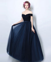 A-Line Off-the-Shoulder Floor-Length Navy Tulle Prom Dress