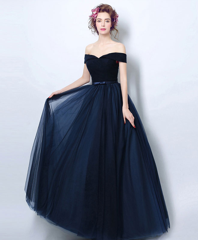A-Line Off-the-Shoulder Floor-Length Navy Tulle Prom Dress
