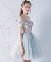 Off-the-Shoulder Floral Embroidered Tulle Short Homecoming Dress with Bow Detail