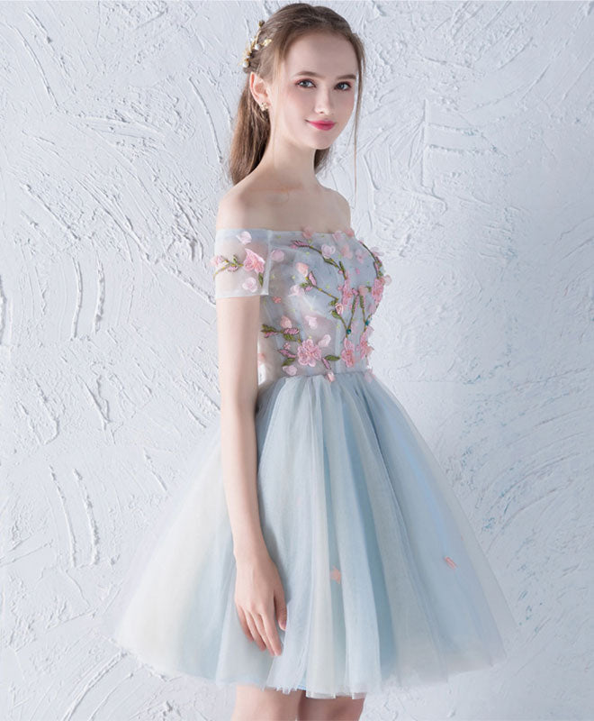 Off-the-Shoulder Floral Embroidered Tulle Short Homecoming Dress with Bow Detail