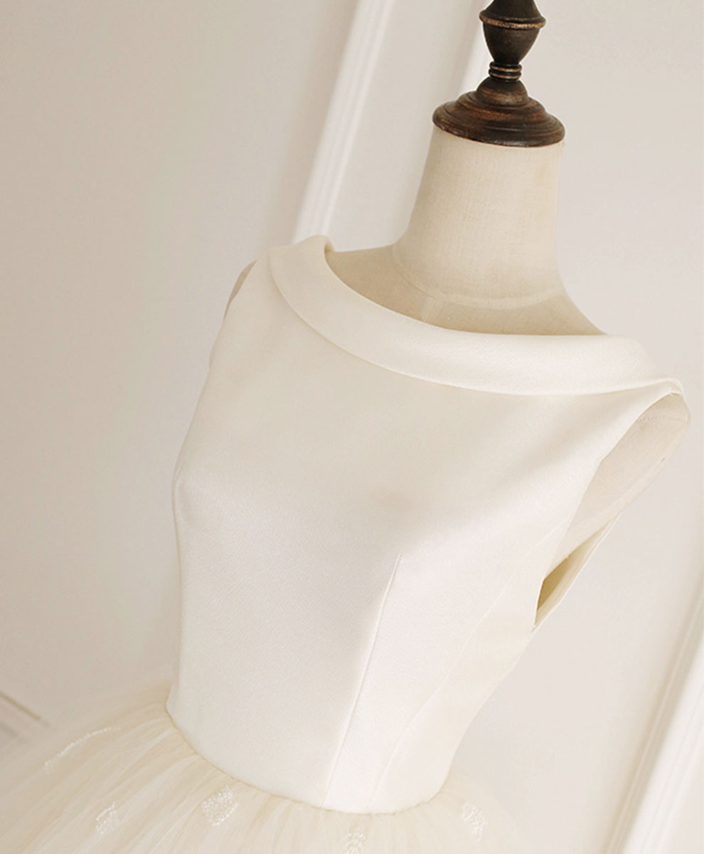 A-Line Bateau Neck Knee-Length Ivory Tulle and Beaded Homecoming Dress with Illusion Back