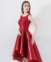 A-Line Sleeveless Scoop Neck High-Low Red Satin Homecoming Dress with Lace Bodice