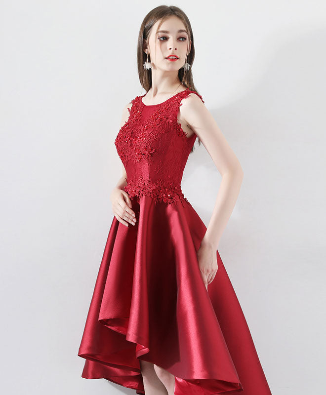 A-Line Sleeveless Scoop Neck High-Low Red Satin Homecoming Dress with Lace Bodice