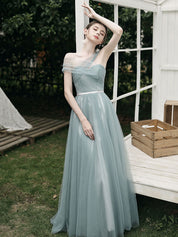 A-Line Dusty Blue One-Shoulder Floor-Length Tulle Prom Dress with Draped Bodice