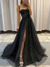 A-Line Black Sweetheart Floor-Length Tulle High Slit Prom Dress