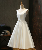 A-Line White V-Neck Tea-Length Satin Prom Dress with Clean Pleated Skirt