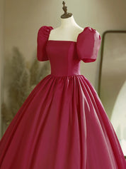 A-Line Puff Sleeves Burgundy Long Prom Dress, Burgundy Long Formal Dress