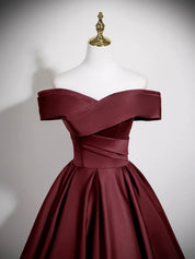 A-Line Off Shoulder Satin Burgundy Long Prom Dress, Burgundy Long Formal Dress