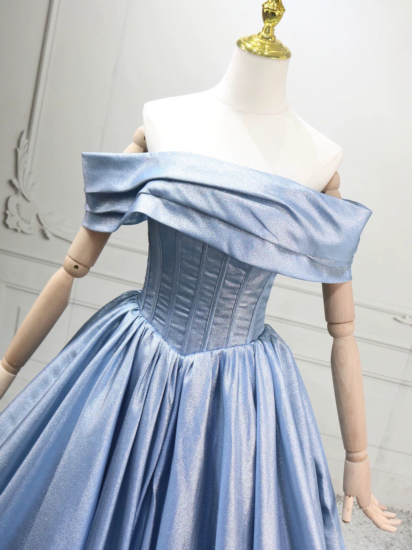 A-Line Off Shoulder Satin Blue Long Prom Dress with Lace-Up Back