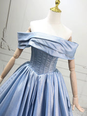 A-Line Off Shoulder Satin Blue Long Prom Dress with Lace-Up Back