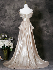 A-Line Off Shoulder Satin Champagne Long Prom Dress with Lace-Up Back