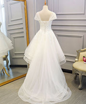 A-Line Sweetheart Off-Shoulder High-Low Tulle Homecoming Dress With Lace Appliqué & Lace-Up Back