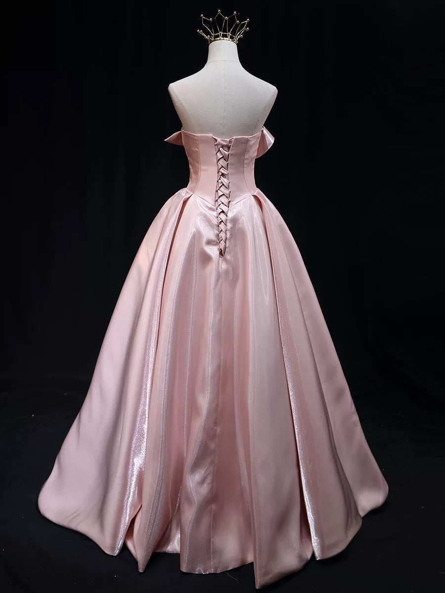 A-Line Satin Pink Long Prom Dress, Pink Long Evening Dress