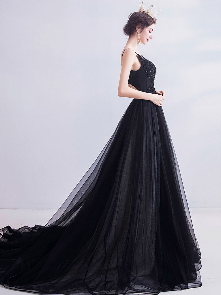A-Line V-Neck Floor-Length Black Tulle Lace Prom Dress with Delicate Bodice Detail