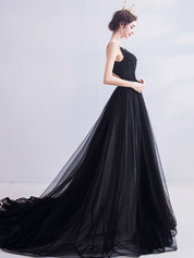 A-Line V-Neck Floor-Length Black Tulle Lace Prom Dress with Delicate Bodice Detail