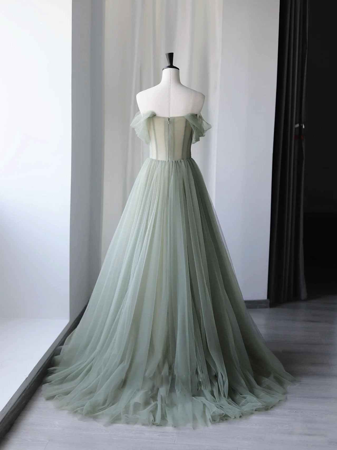 A-Line Off-the-Shoulder Floor-Length Sage Green Tulle Prom Dress with Floral Appliqué Bodice