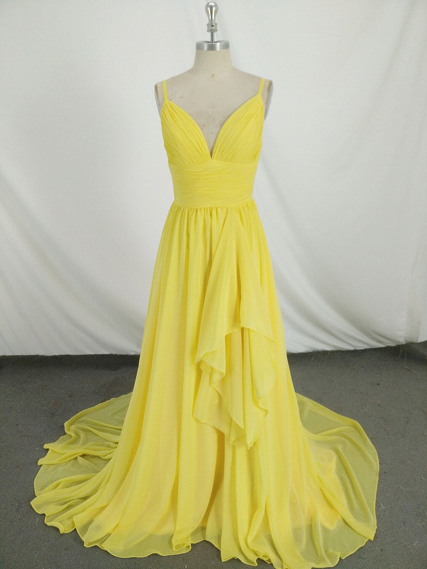 A-Line Spaghetti Straps V-Neck Floor-Length Yellow Chiffon Prom Dress with Ruched Bodice and Flowing Overlay