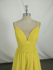 A-Line Spaghetti Straps V-Neck Floor-Length Yellow Chiffon Prom Dress with Ruched Bodice and Flowing Overlay