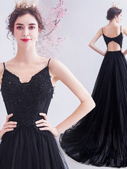 A-Line V-Neck Floor-Length Black Tulle Lace Prom Dress with Delicate Bodice Detail