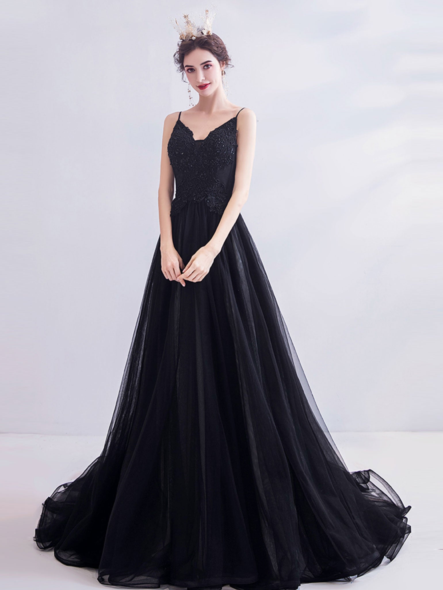 A-Line V-Neck Floor-Length Black Tulle Lace Prom Dress with Delicate Bodice Detail