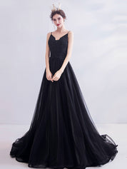 A-Line V-Neck Floor-Length Black Tulle Lace Prom Dress with Delicate Bodice Detail