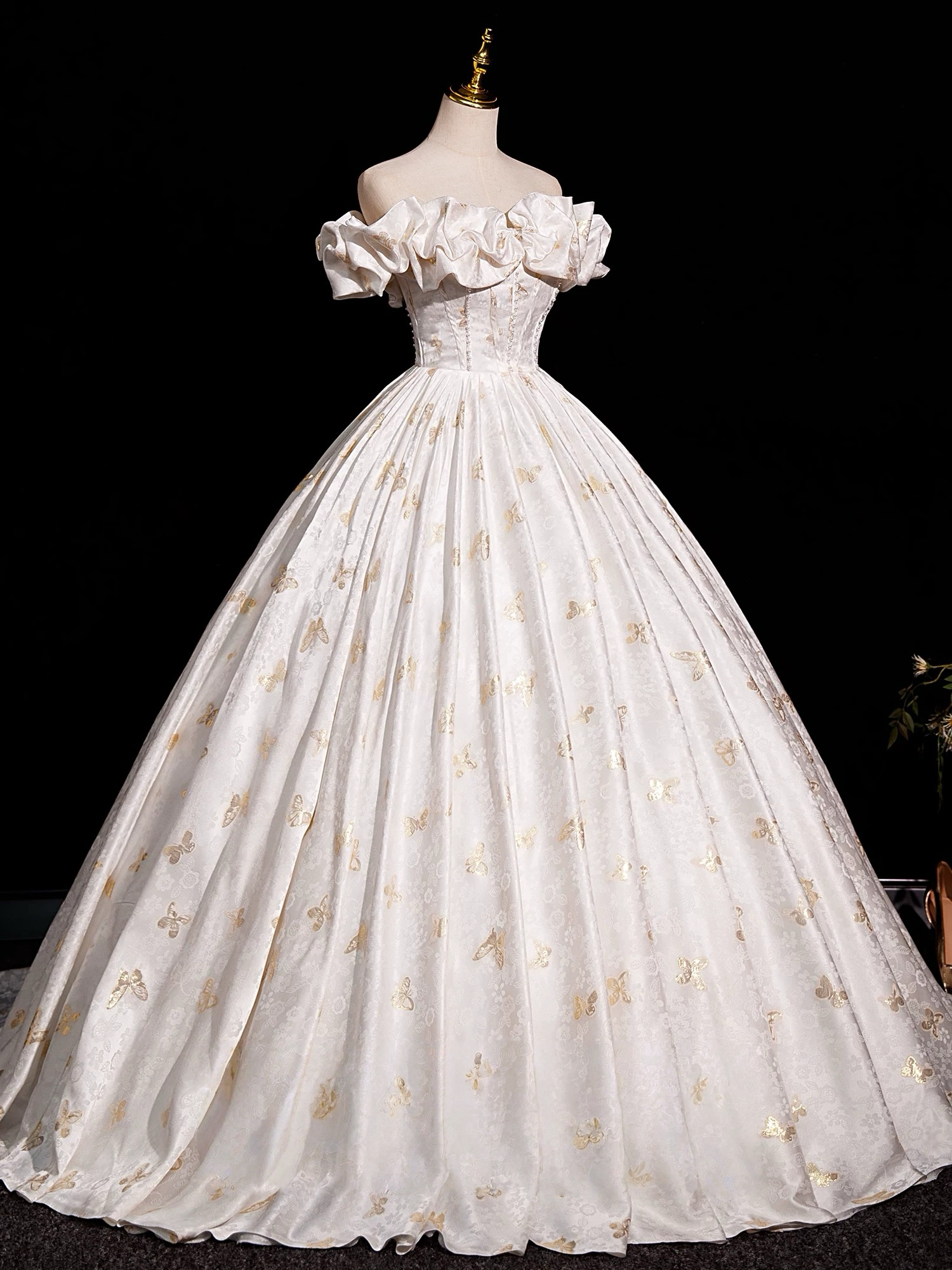 A-Line Off Shoulder Printed Satin Light Champagne Long Prom Dress with Lace-Up Back