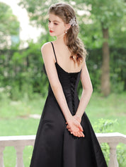 A-Line V Neck Tea-Length Black Satin Minimalist Homecoming Dress