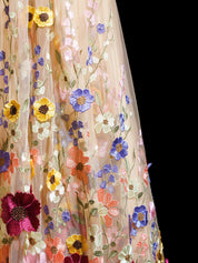 A-Line V Neck Tulle Lace Champagne Long Prom Dress, Champagne Formal Dress