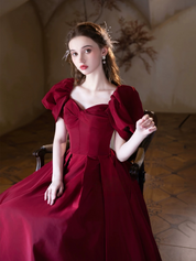 Burgundy Off-Shoulder Satin Ball Gown Prom Dress with Puff Sleeves