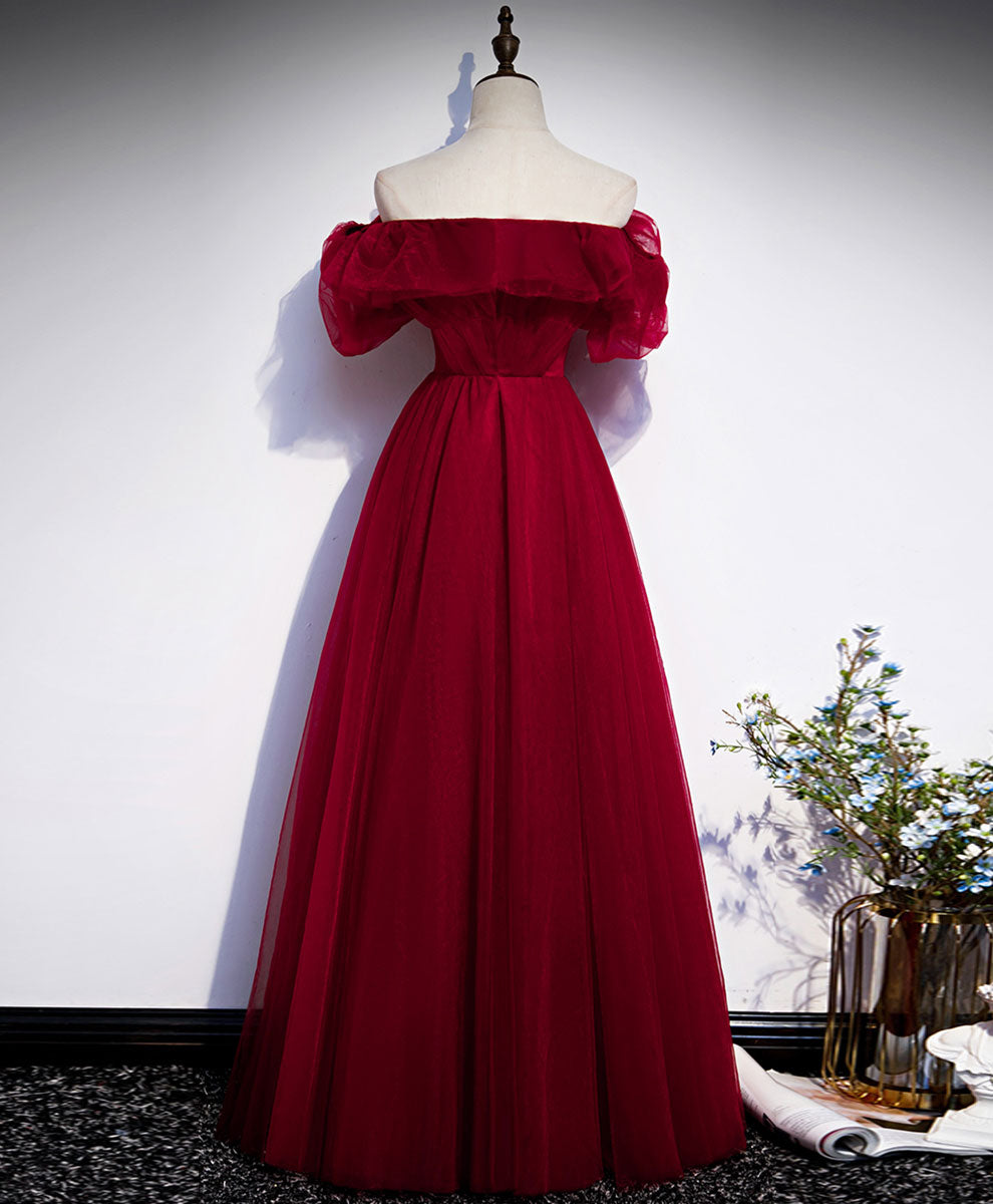 A-Line Burgundy Off-the-Shoulder Floor-Length Tulle Prom Dress with Puffy Sleeves