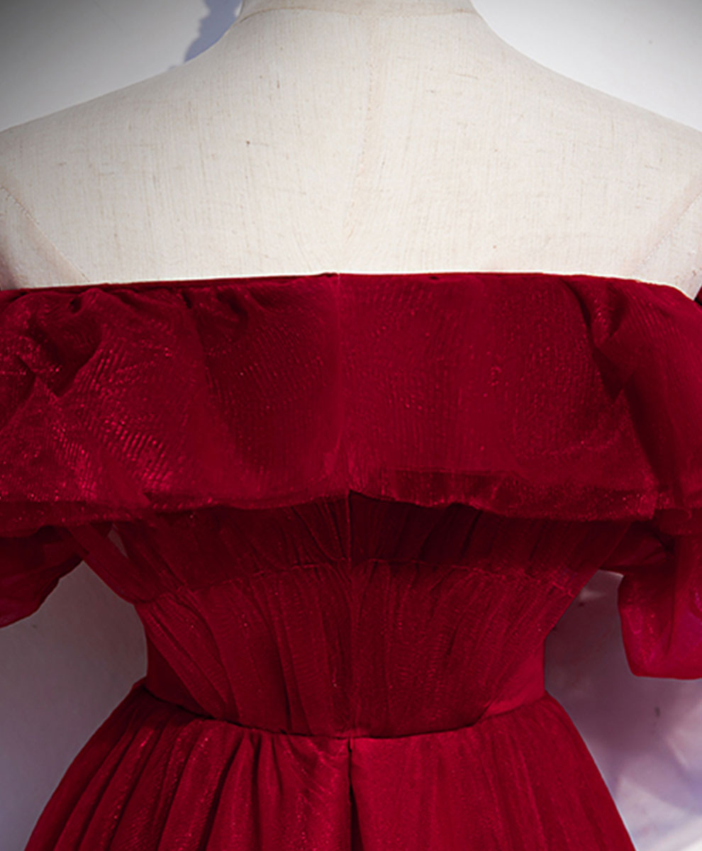 A-Line Burgundy Off-the-Shoulder Floor-Length Tulle Prom Dress with Puffy Sleeves