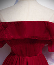 A-Line Burgundy Off-the-Shoulder Floor-Length Tulle Prom Dress with Puffy Sleeves