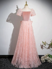 A-Line Tulle Lace Velvet Pink Long Prom Dress, Pink Long Formal Dress