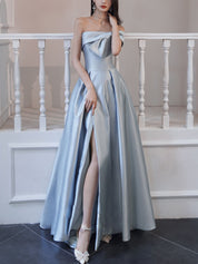 A-Line Off-the-Shoulder Floor-Length Light Blue Satin Prom Dress with Bow Detail and Front Slit