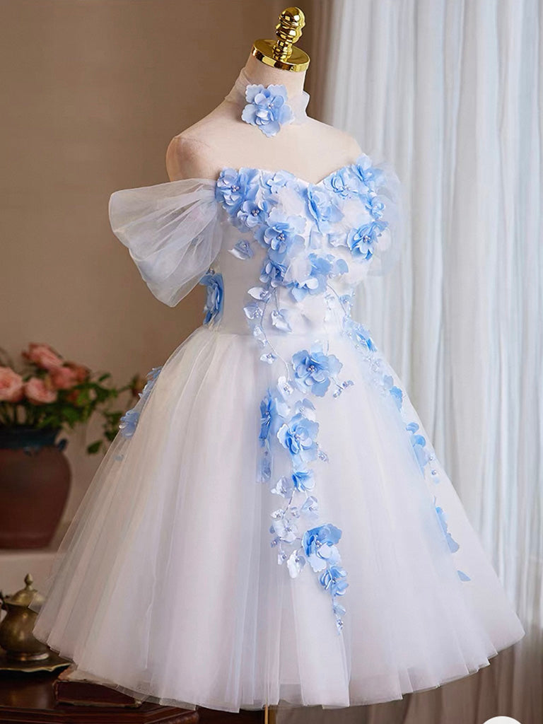 Off-Shoulder White Tulle Homecoming Dress with Blue 3D Floral Appliqués