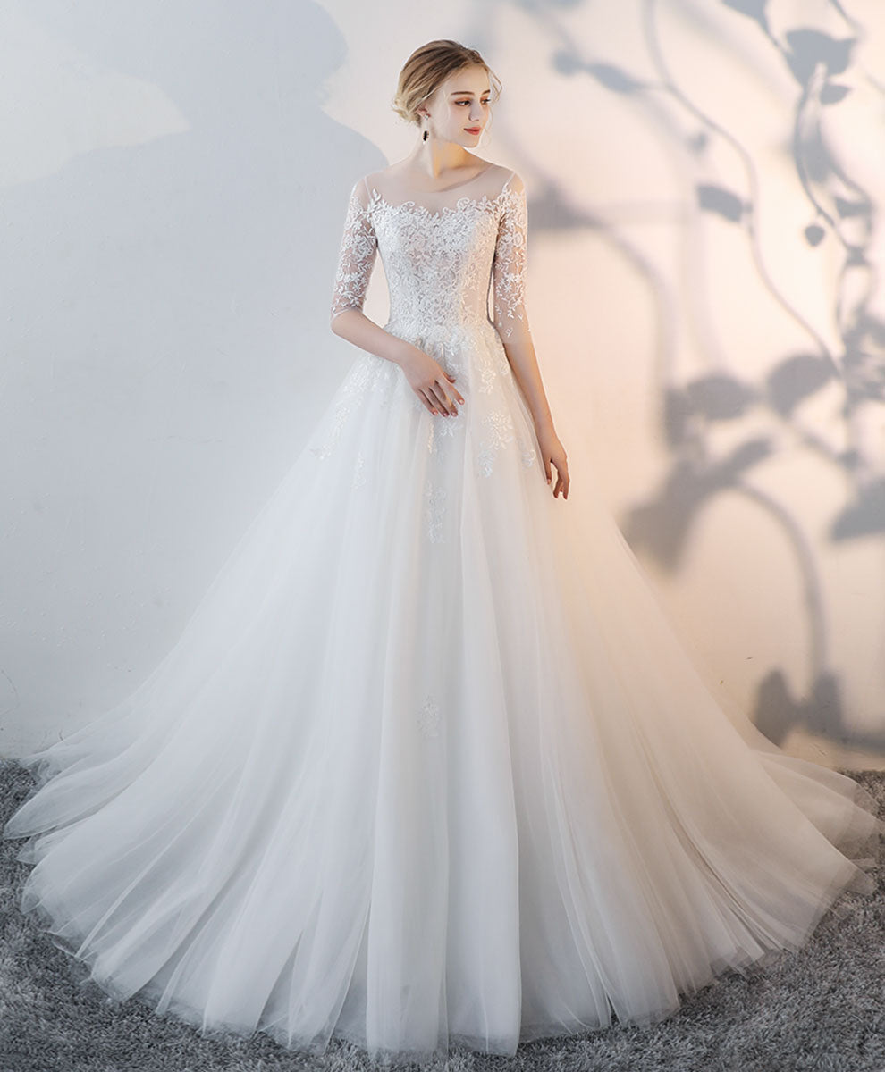 A-Line Illusion Round Neck Lace Wedding Dresses with Long Sleeves Soft Tulle Skirt and Chapel Train