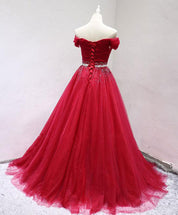 A-Line Sweetheart Floor-Length Tulle Beaded Sequin Red Prom Dress