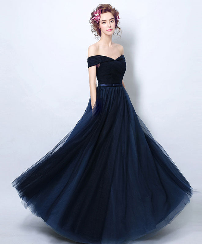 A-Line Off-the-Shoulder Floor-Length Navy Tulle Prom Dress