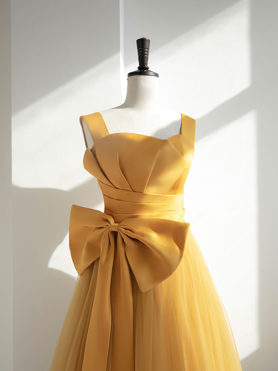 Mustard A-Line Square Neck Floor-Length Satin & Tulle Prom Dress with Oversized Bow Detail