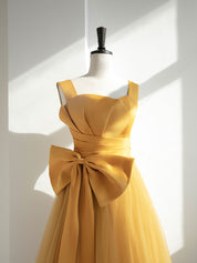 Mustard A-Line Square Neck Floor-Length Satin & Tulle Prom Dress with Oversized Bow Detail
