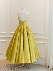 A-Line Sweetheart Neck Tea-Length Yellow Satin Bow Homecoming Dress