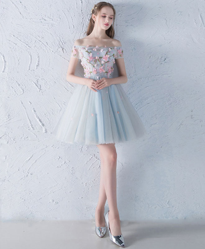 Off-the-Shoulder Floral Embroidered Tulle Short Homecoming Dress with Bow Detail